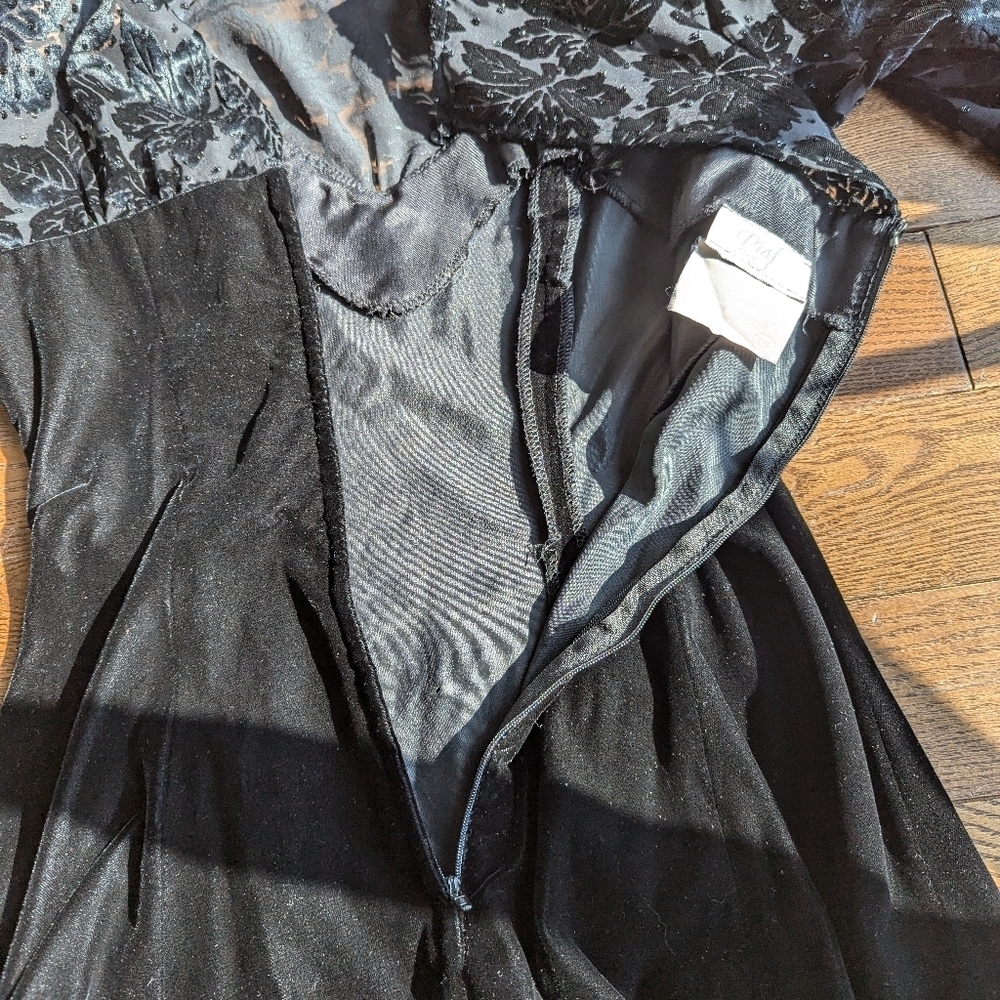 Vintage Piaf Velvet Burnout Midi Dress Sweetheart 80s Cocktail Black witchy goth - Picture 9 of 16